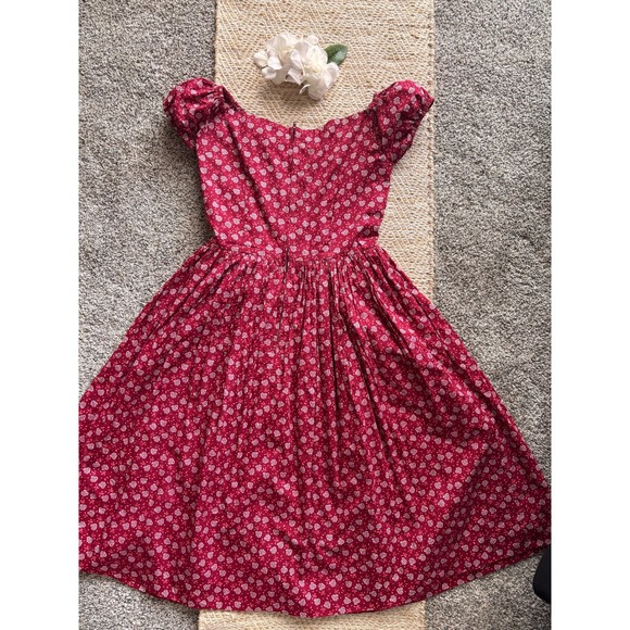 Hearts & Found Red Floral Rose Print Puff Sleeve Midi Dress Small Vintage Style - Picture 8 of 8